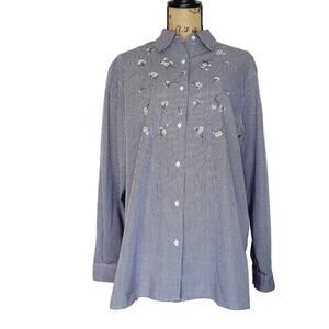 Foxcroft Navy Blue & White Gingham Checked with Embroidered Daisies Tunic Sz 18